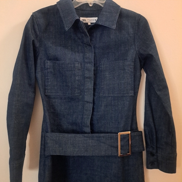 Zara Denim Blue Belted Dress Size XS - Picture 2 of 16